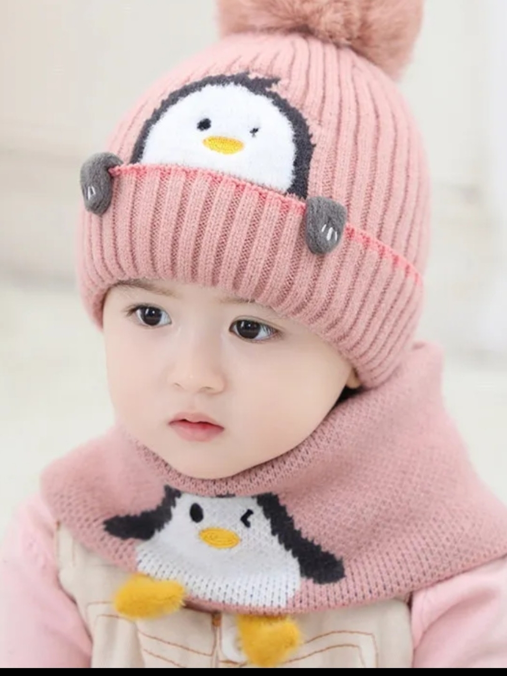 Pink Penguin Knit Pom Pom Hat and Neck Warmer Set for Kids